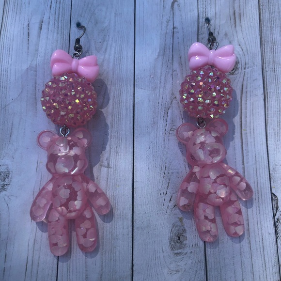 Heart confetti teddy gummy bear gumball earrings iridescent flakes dangle ball - Picture 2 of 5